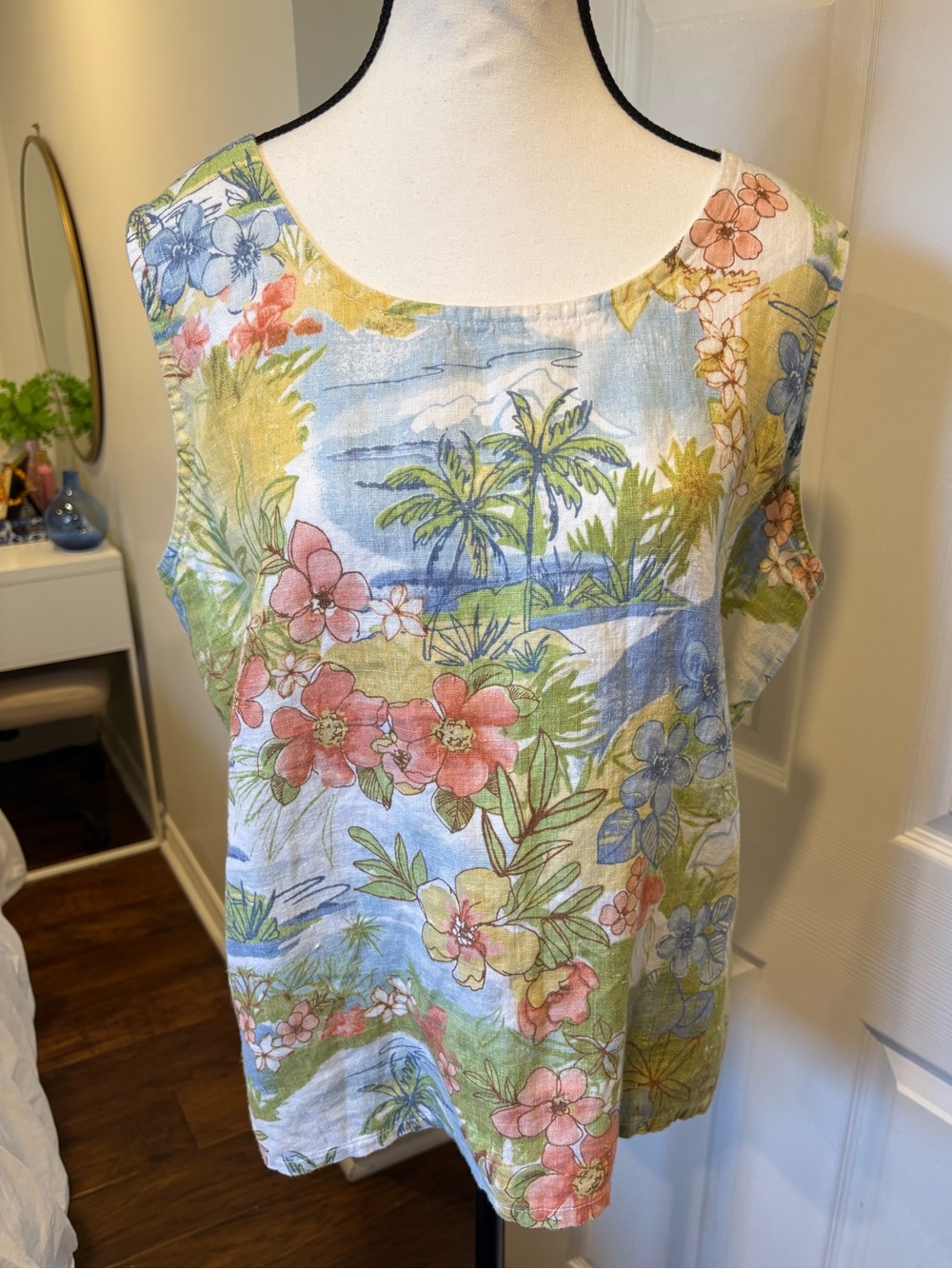 Hot Cotton 100% Linen Tropical Floral Tank Top L Beach Print Made USA